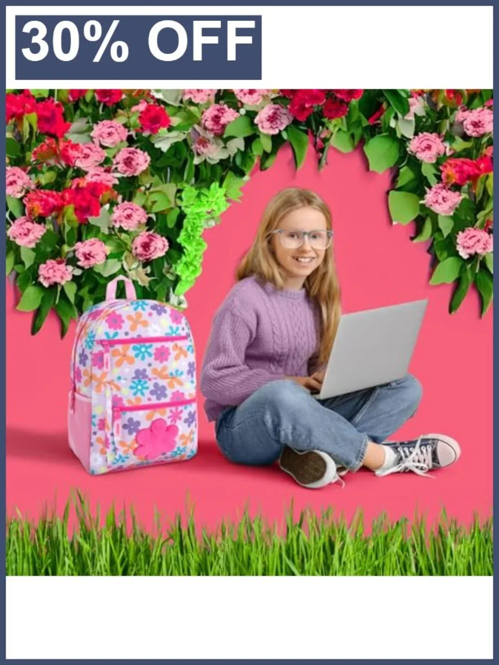 Kids Flower Backpack Plush Girls School Bag with Side Pockets Padded Straps